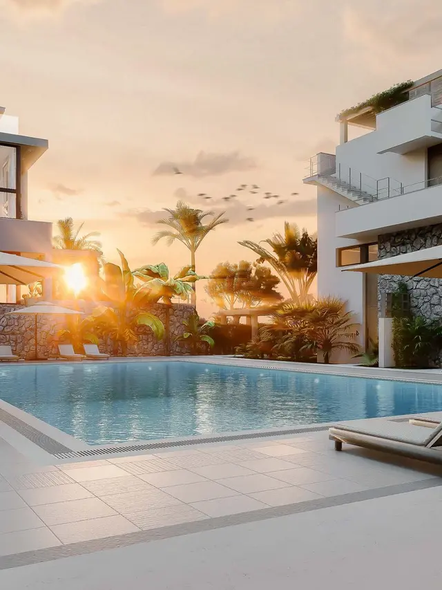 Pool terrace at sunset
